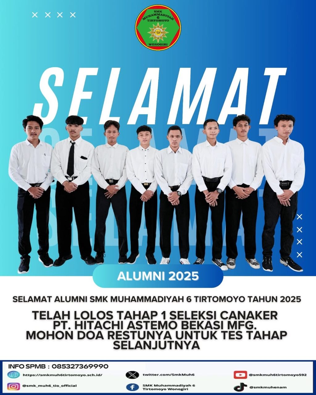Selamat alumni SMK Muhammadiyah 6 Tiryomoyo tahun 2025Telah lolos tahap 1 seleksi CANAKER PT. HI